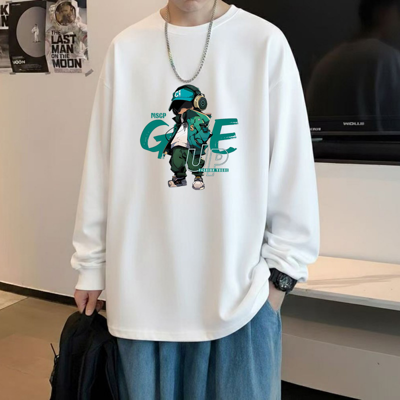 全棉长袖t恤男春秋内搭打底衫美式潮流宽松大码时尚圆领上衣学生