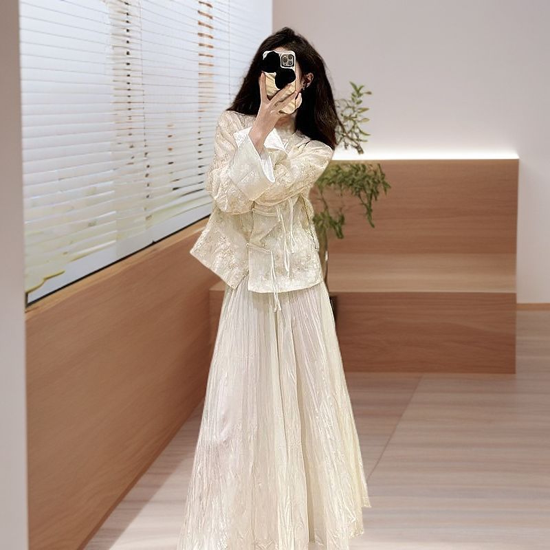 2025新中式改良刺绣盘扣长袖上衣高腰半身裙两件套薄款气质女套装