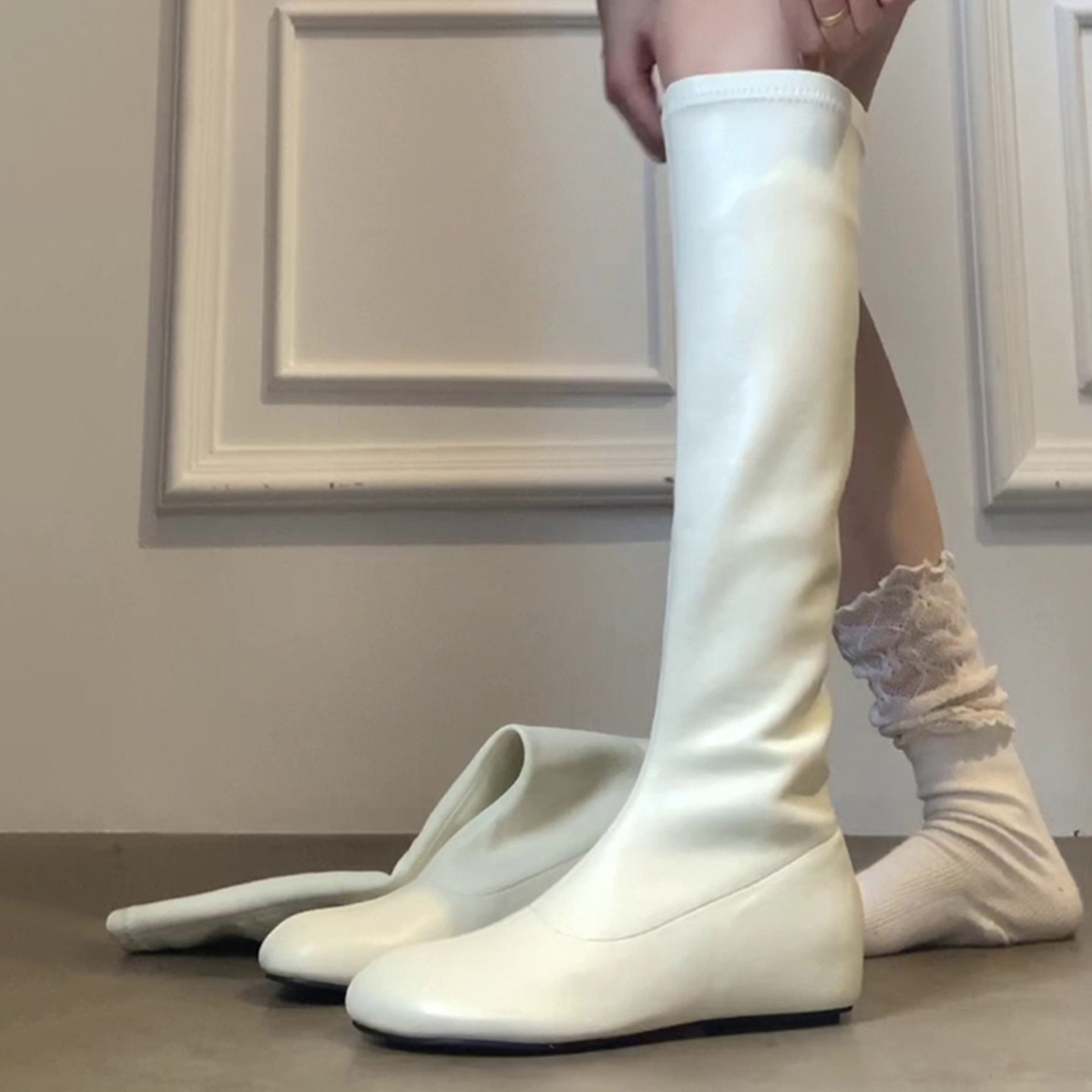 牛皮版~圆头内增高白色长靴不过膝瘦瘦靴女简约弹力靴显瘦堆堆靴