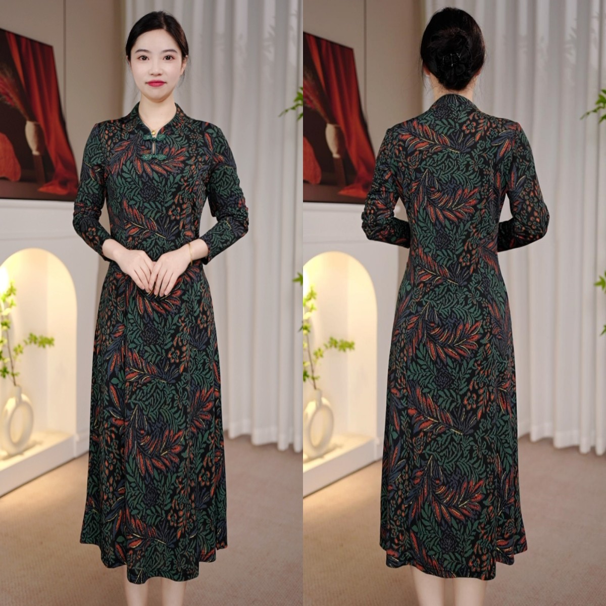 早秋新款长袖改良版旗袍裙烫金高档贵夫人显瘦连衣裙7334