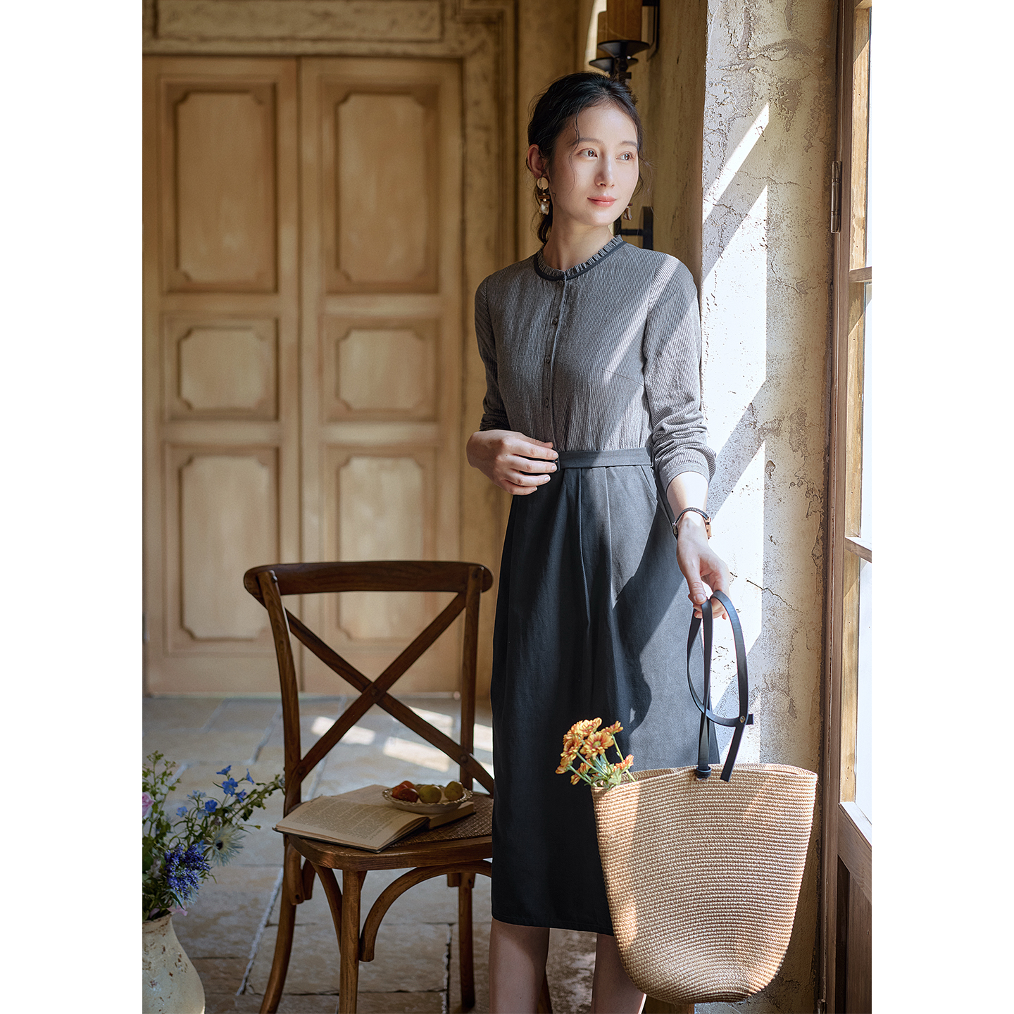 红念假两件拼接衬衫长款裙女长袖设计感秋季2025新款女装气质裙子