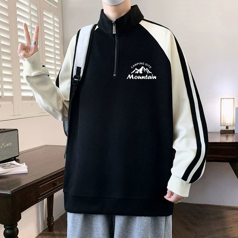 时尚休闲大码半拉链立领卫衣男春秋季潮流百搭宽松撞色套头上衣服