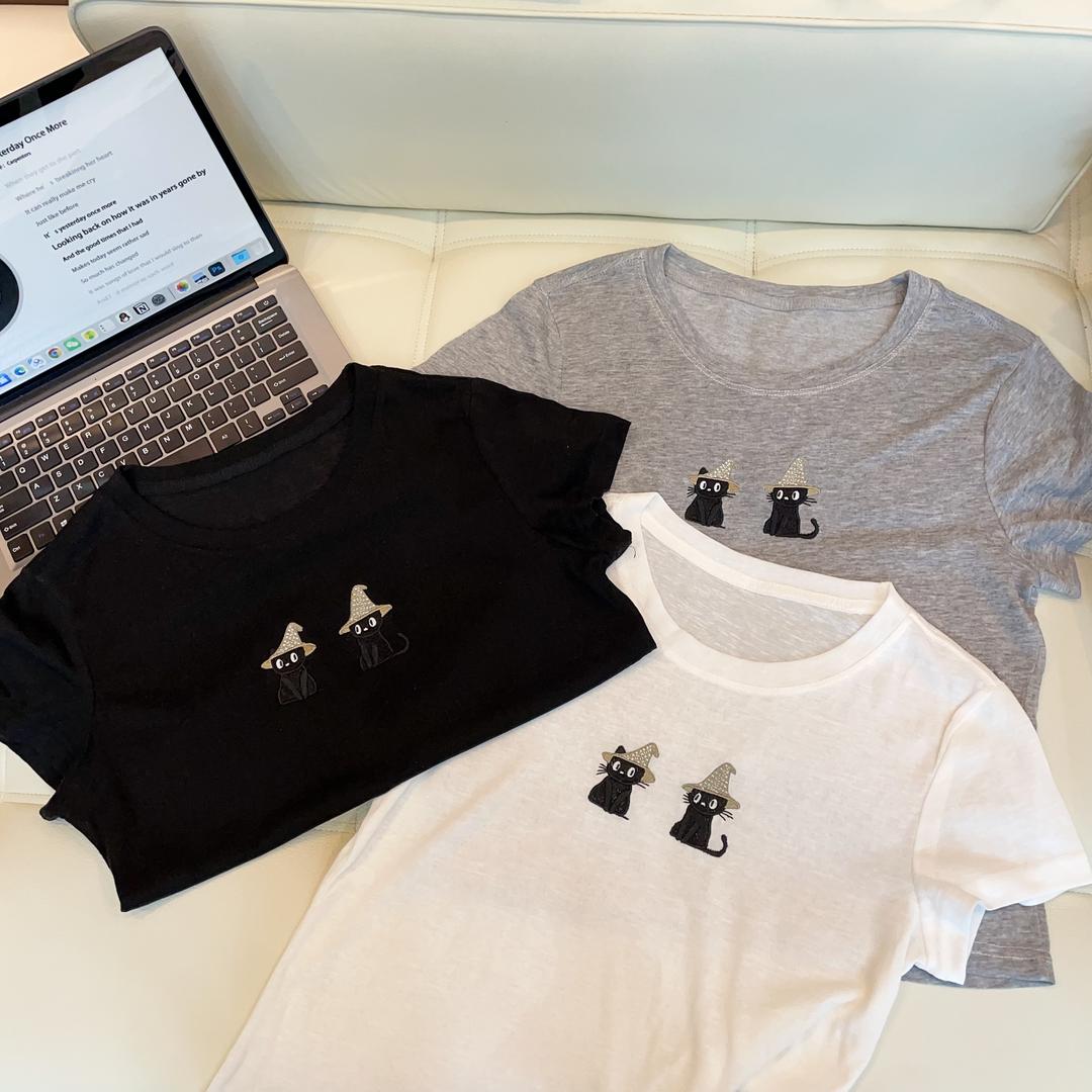 【招财猫咪】纯色卡通印花夏装短袖重工T恤猫咪时尚透气休闲上衣