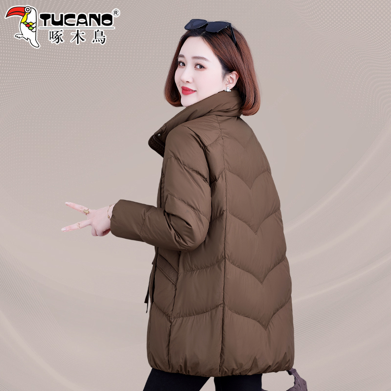 啄木鸟中长款羽绒服女款冬小个子2025新款中年女士白鸭绒立领外套