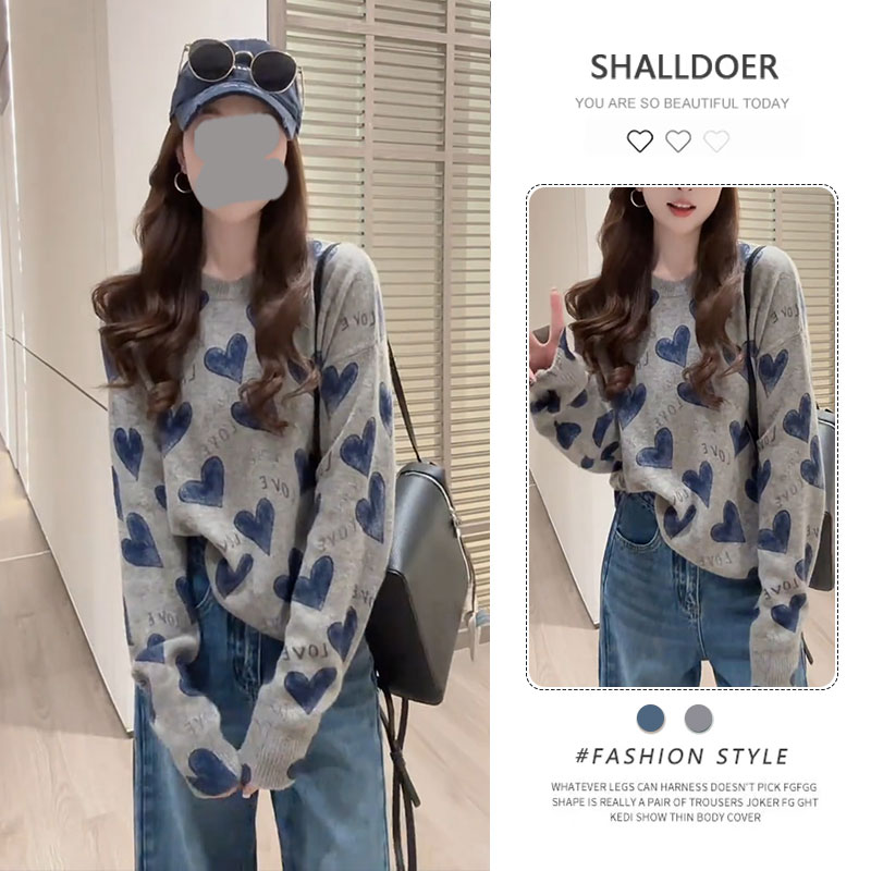 韩系时尚爱心长袖针织衫毛衣女2025春秋新款时尚宽松显瘦打底上衣