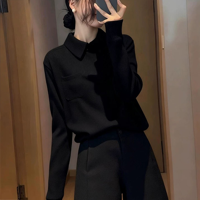 polo领黑色毛衣女2025秋冬高级感洋气显瘦减龄针织衫内搭打底上衣