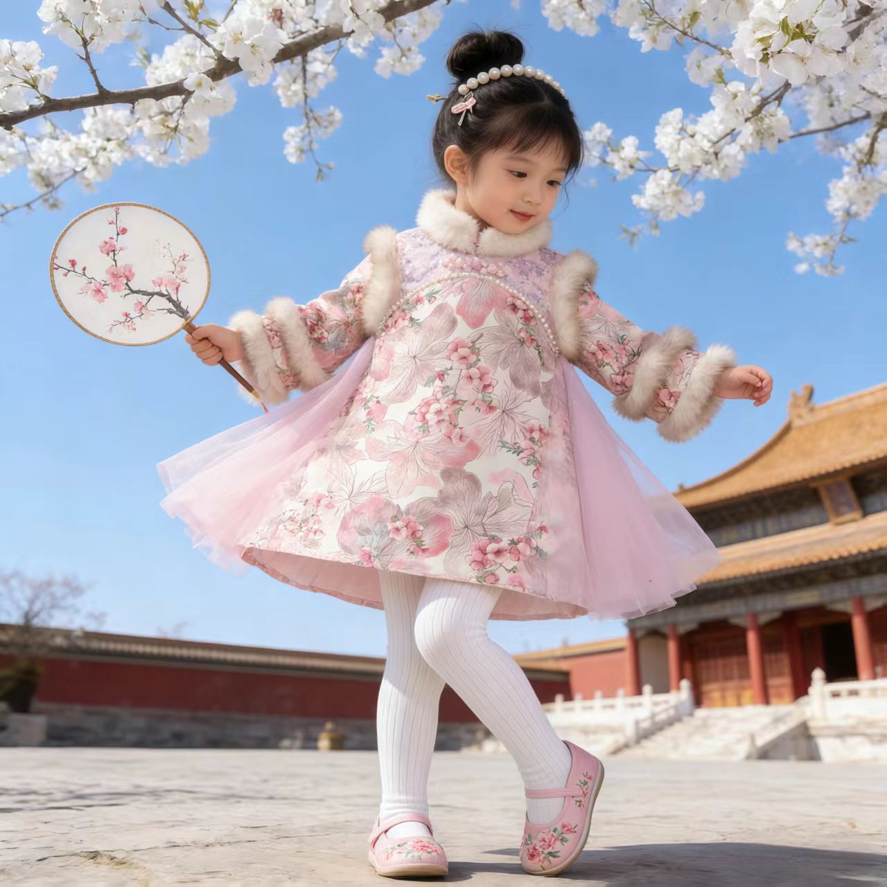 1655冬季加绒女童连衣裙拜年服冬款中国风女童网纱裙