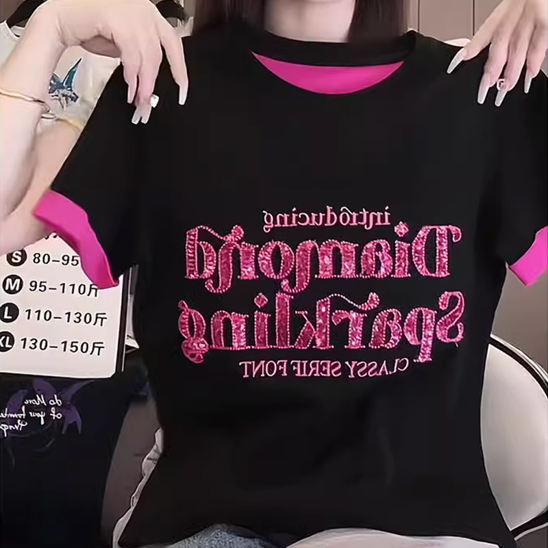 2025夏季新款女士设计感字母亮片刺绣短袖t恤衫修身显瘦上衣