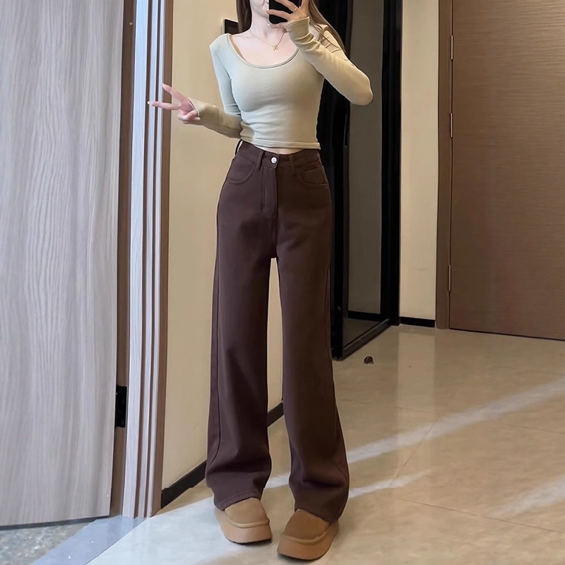 美拉德棕色窄版阔腿牛仔裤女秋冬2025新款加绒显瘦宽松直筒裤子
