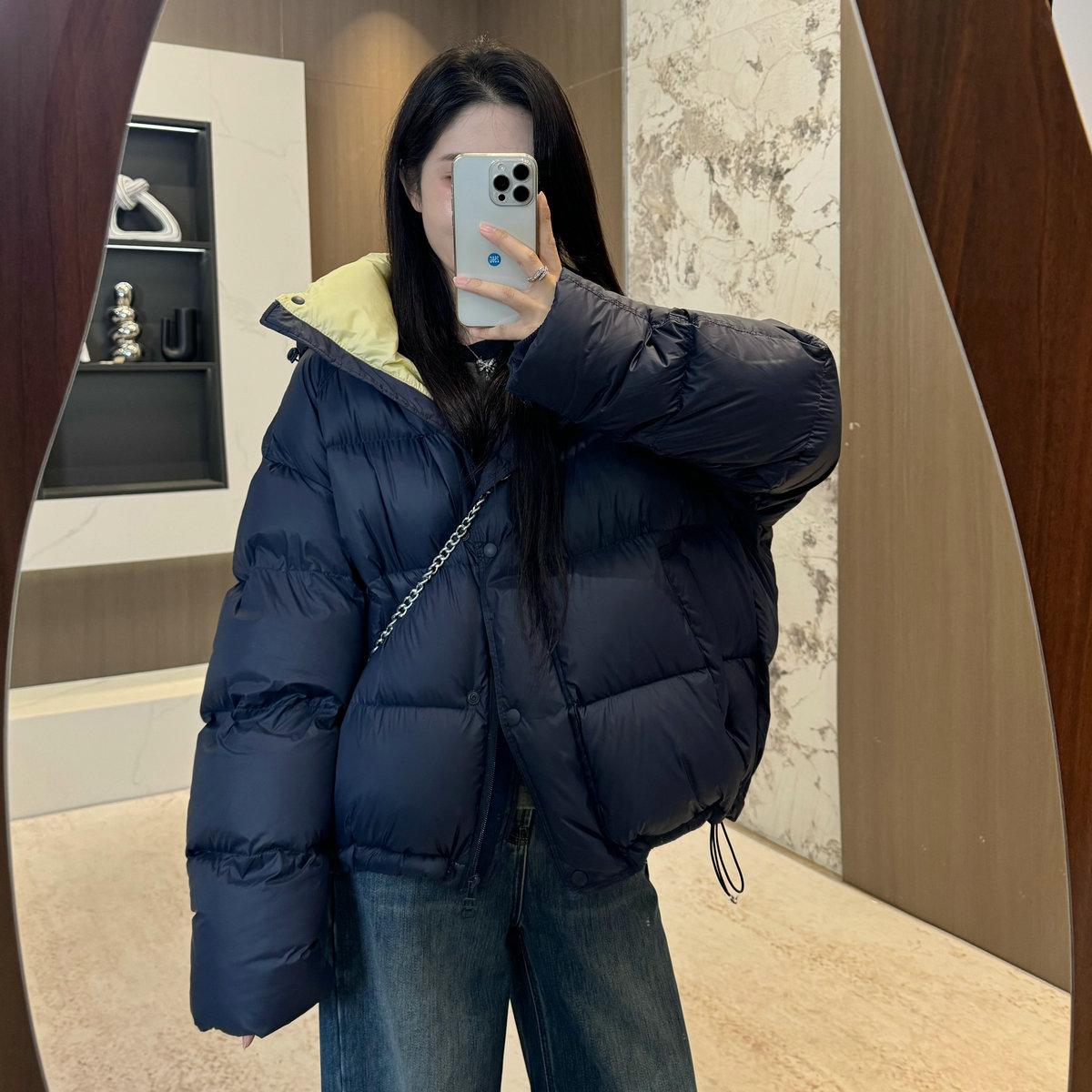 宿慕SUMU撞色连帽羽绒服95白鸭绒女装外套2025冬季新款羽绒服9010