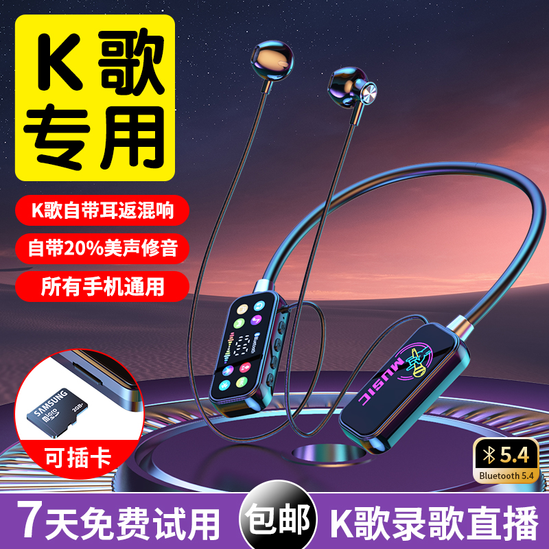 【升级高配版】无线挂脖蓝牙K歌直播混响带麦克风降噪通用运动插卡