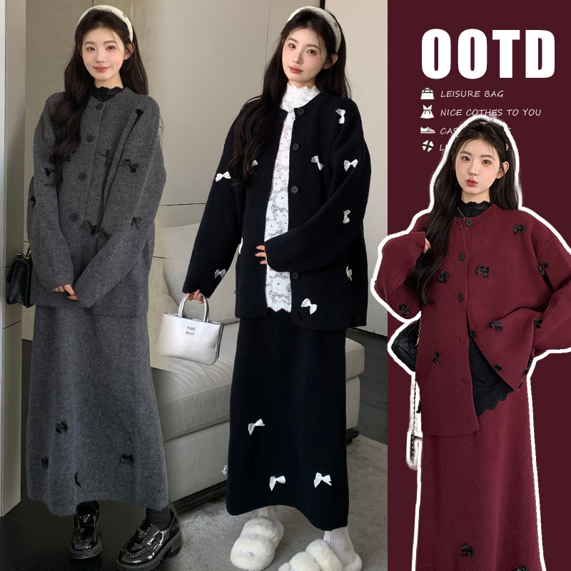 韩系设计感孕妇秋冬款洋气时髦爆款潮流独特绝美蝴蝶结外套半身裙