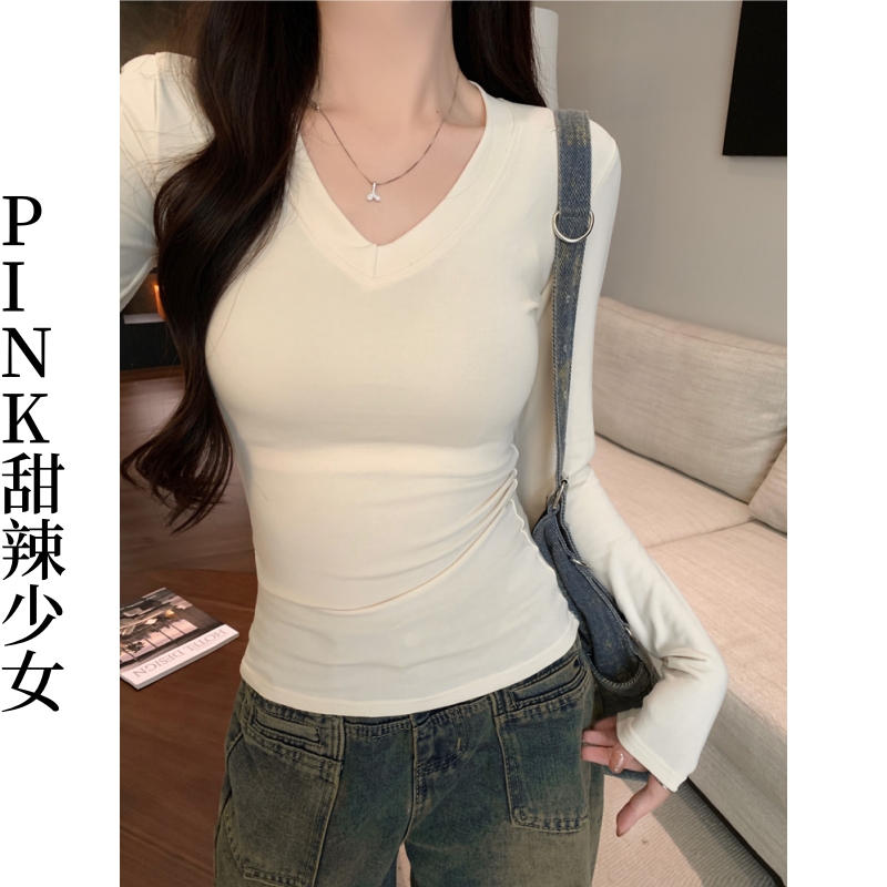 美式辣妹v领正肩长袖t恤女早秋冬季新款修身收腰短款打底内搭上衣