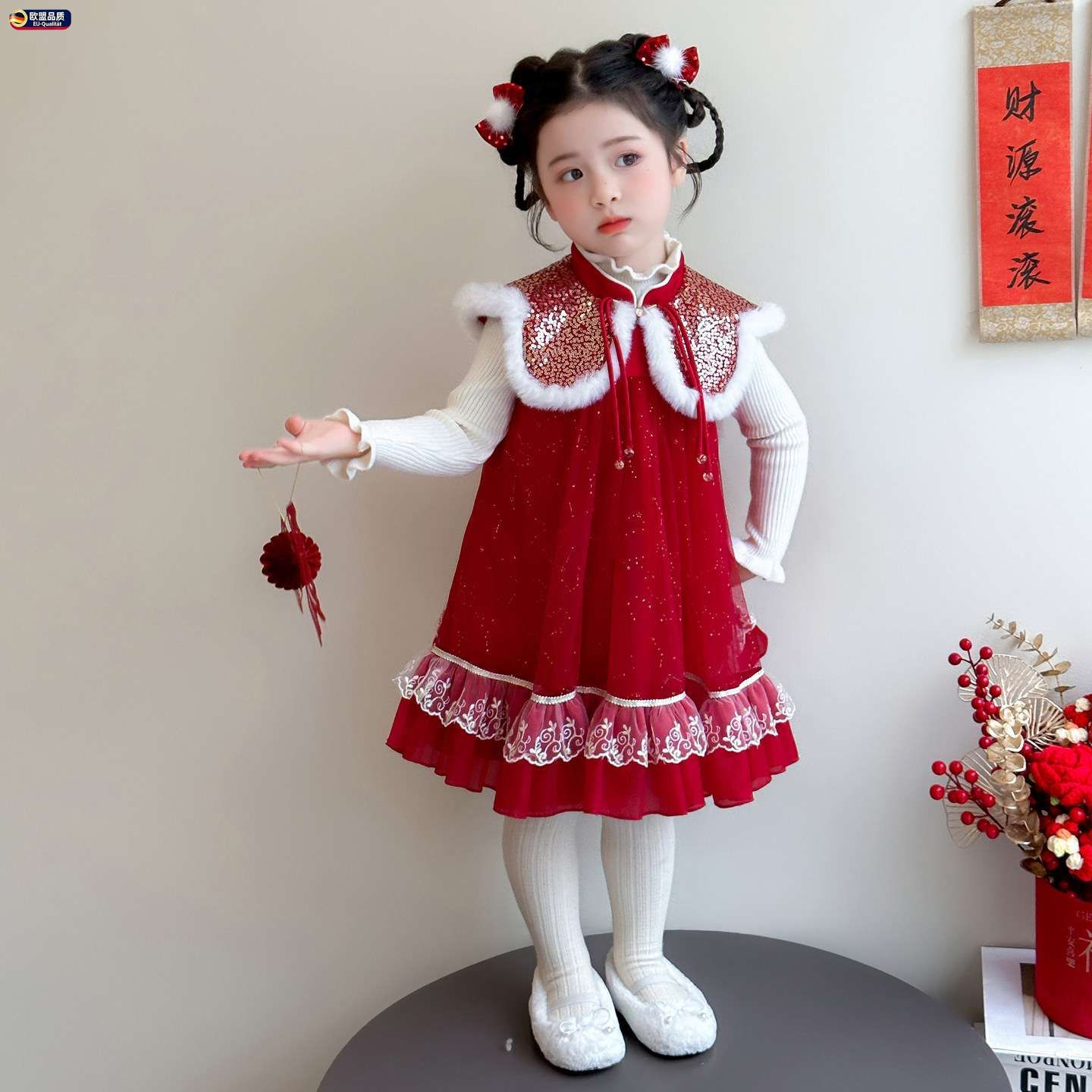 女童连衣裙加绒儿童秋冬季拜年服过年喜庆新年红色女宝宝裙子冬装