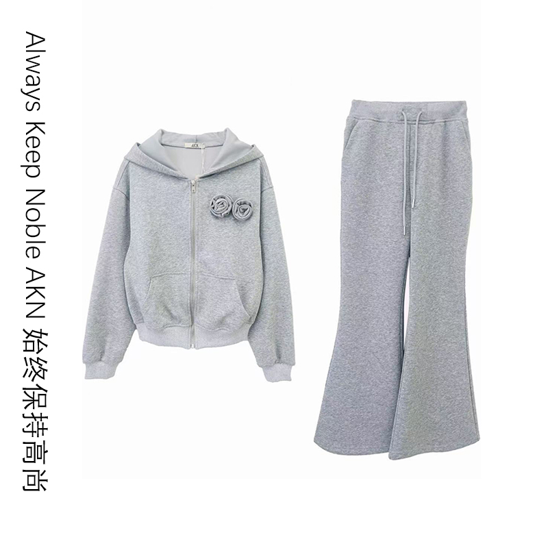 艾珂妮8042【小个子款两件套】原宿风立体花朵灰色卫衣两件套套装