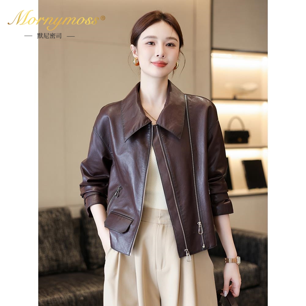 默尼密司品牌头层真皮皮衣女秋冬季新款高级绵羊皮个性双拉链机车