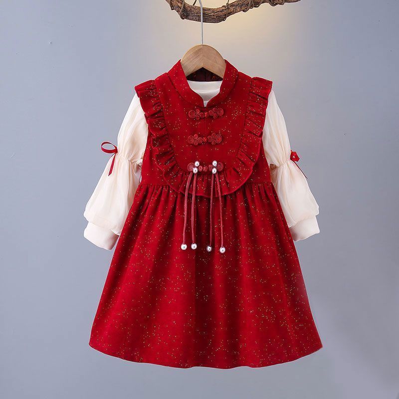 红色拜年服套装儿童加绒连衣裙冬季洋气丝绒背心裙中大童公主裙