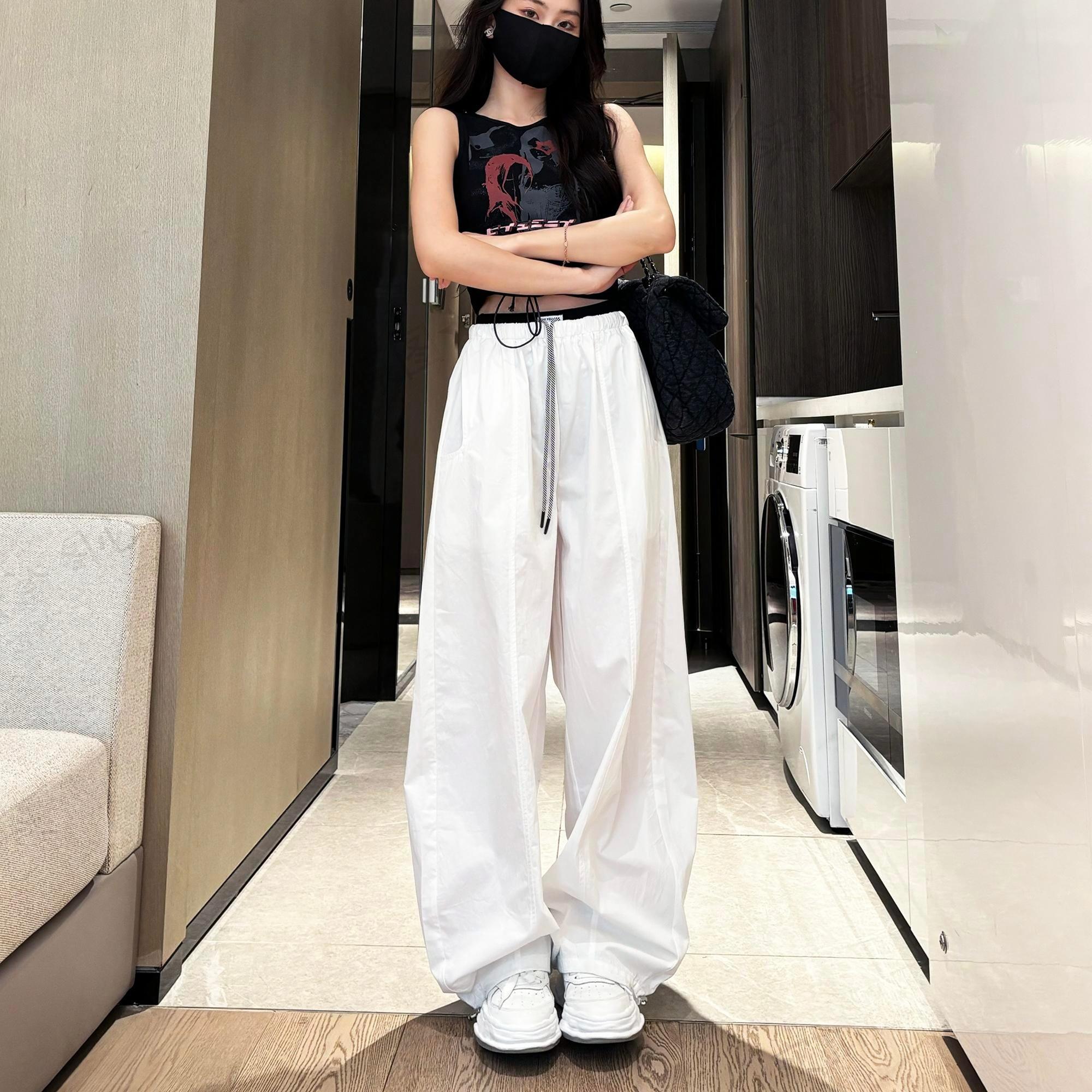 韩系撞色腰头休闲裤女夏季新款高腰宽松显瘦百搭气球弯刀裤长裤09