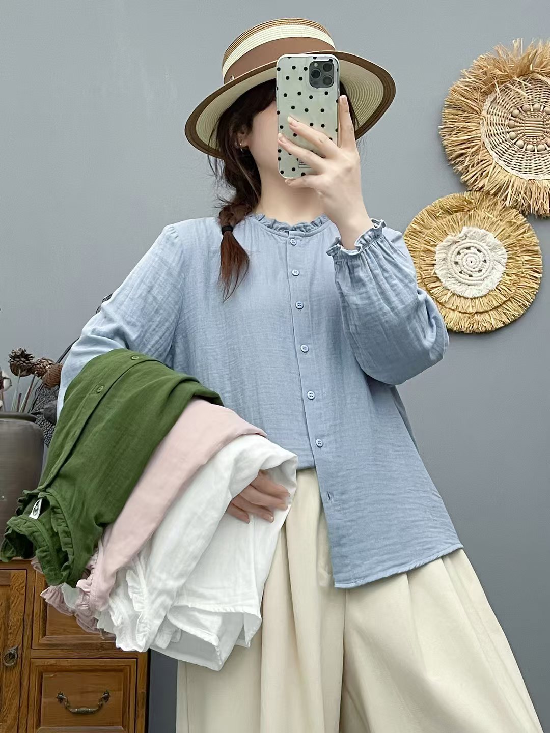 2025秋季新款木耳领花边长袖棉纱衬衫女休闲百搭上衣女86310