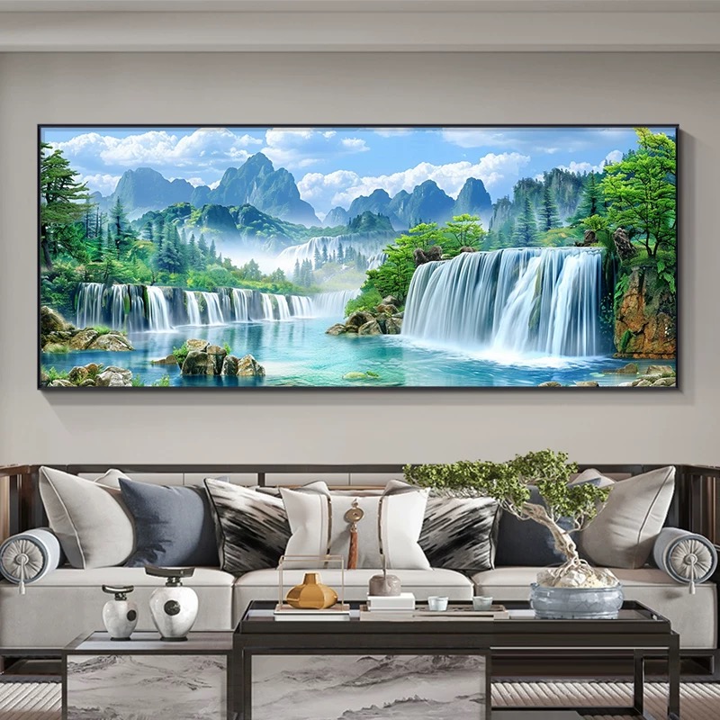 西墙山水壁画墙壁绿水青山沙发装饰画背景客厅挂画客厅背景墙挂画