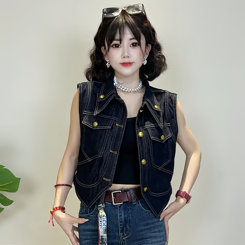 高含棉时尚复古牛仔马夹女2025年春秋新款小个子宽松坎肩无袖上衣