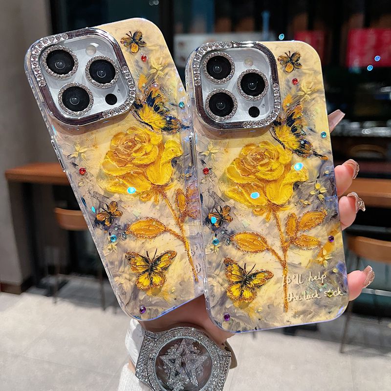 适用苹果系列iPhone16新款手机壳国风油画黄玫瑰钻石框闪钻镜头膜