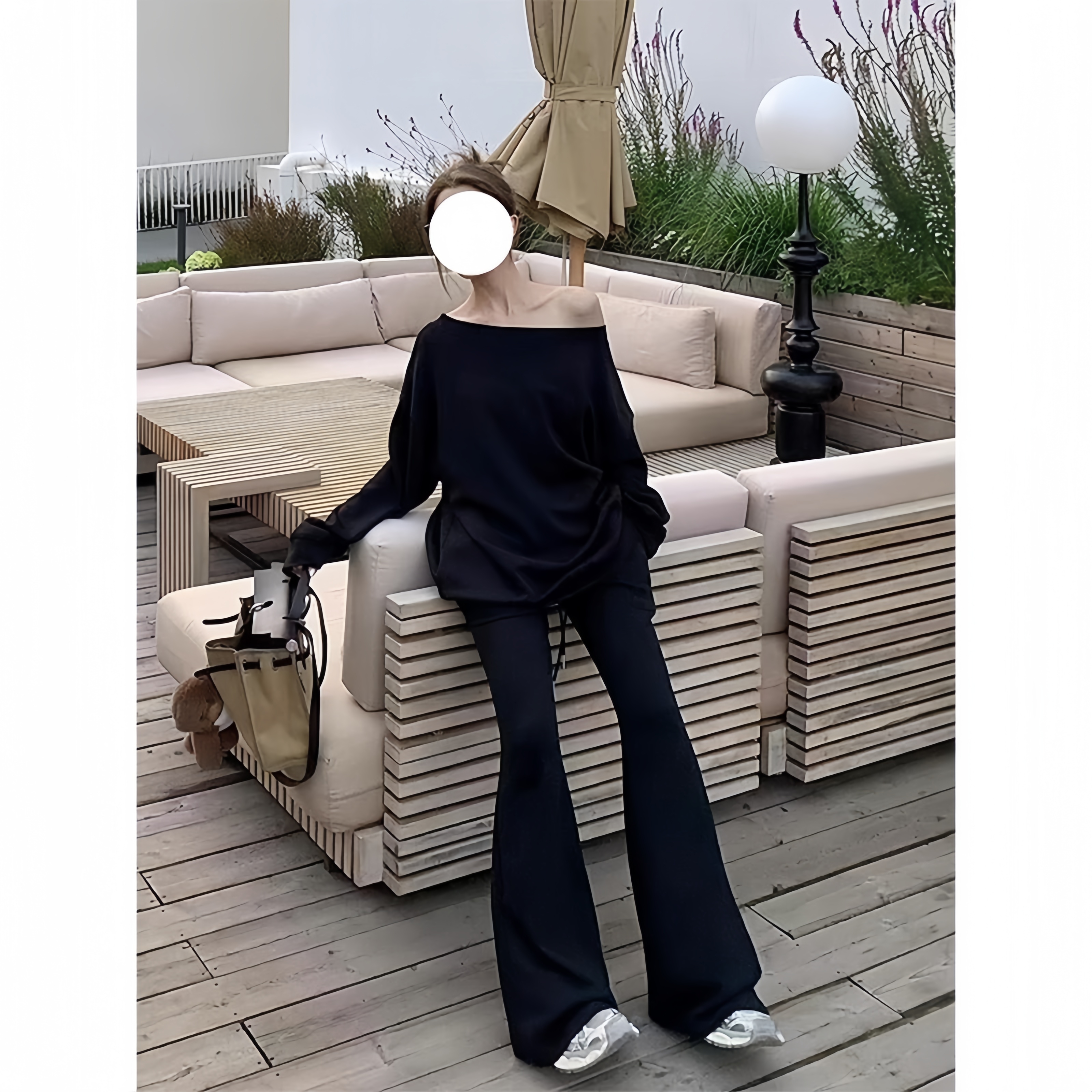 早秋套装女2025新款韩系休闲慵懒风斜领露肩无帽长袖卫衣阔腿长裤