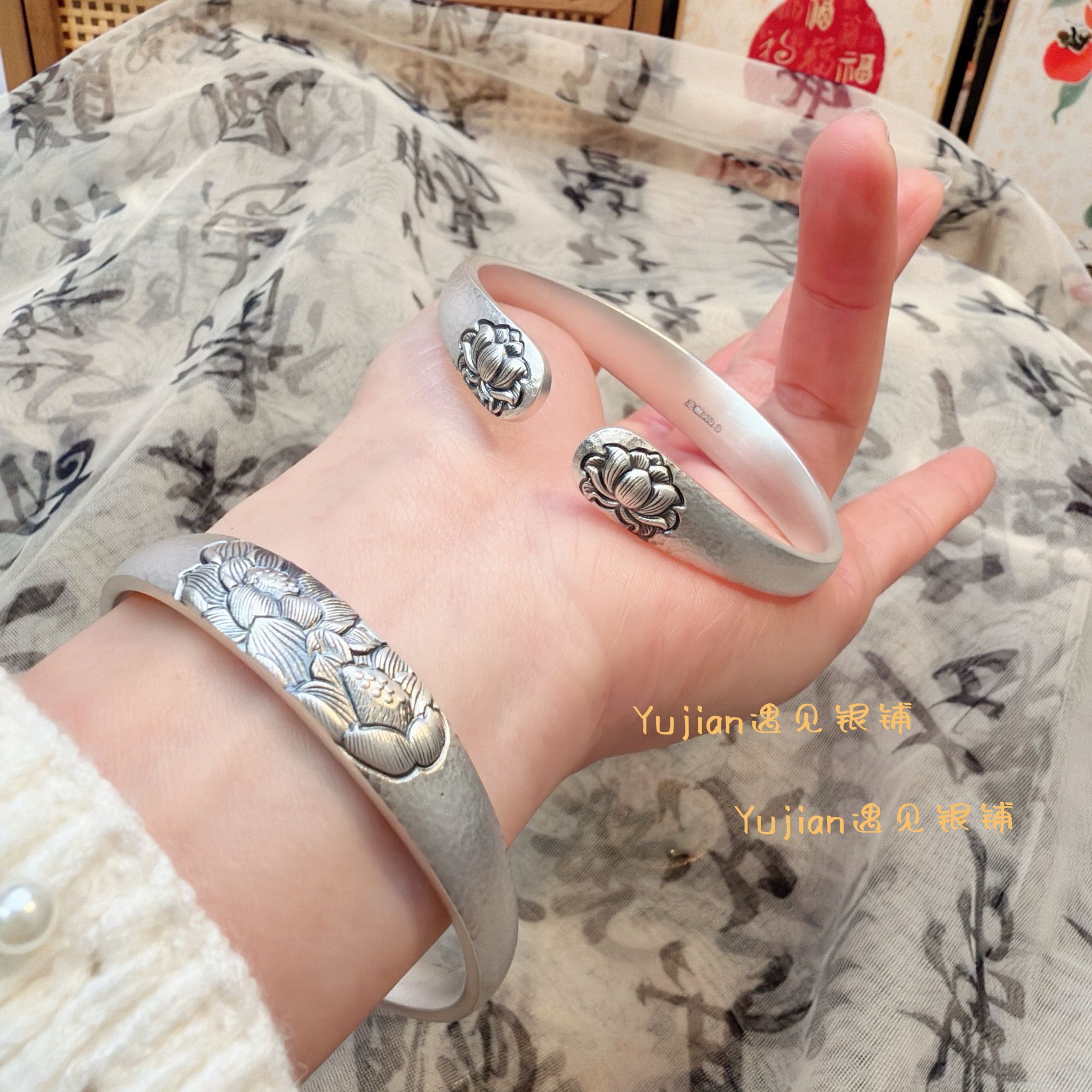 足银手镯 【遇见木犀莲花】足银999.9/手工锤纹锻打/复古经典开口镯