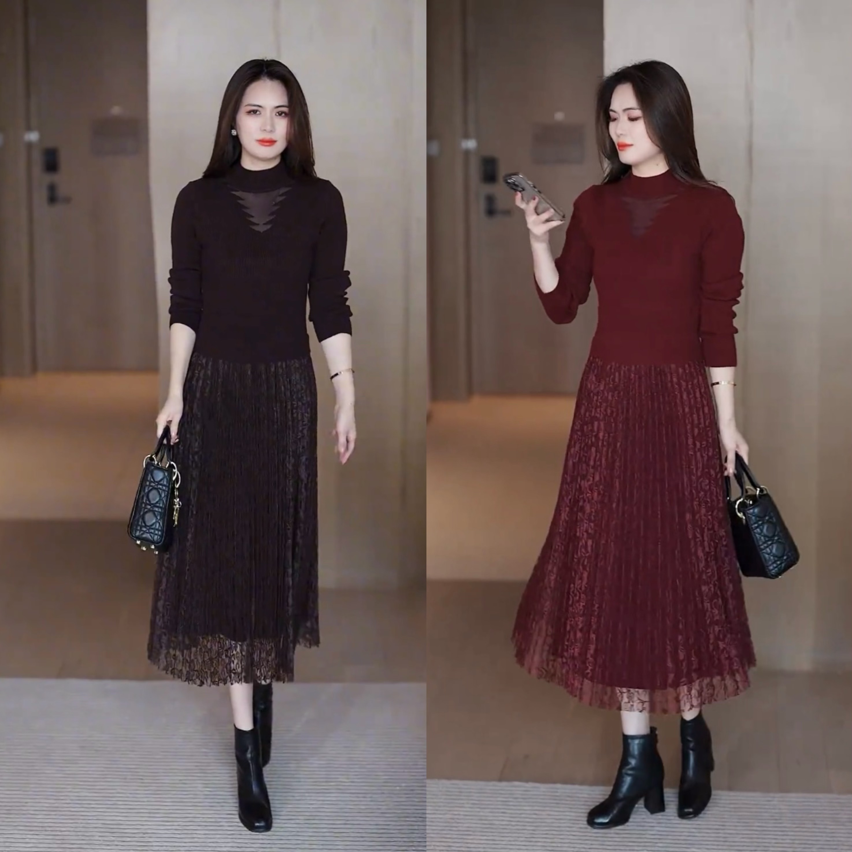 2025显瘦提花拼接高腰轻职风连衣裙毛衣裙裙子针织