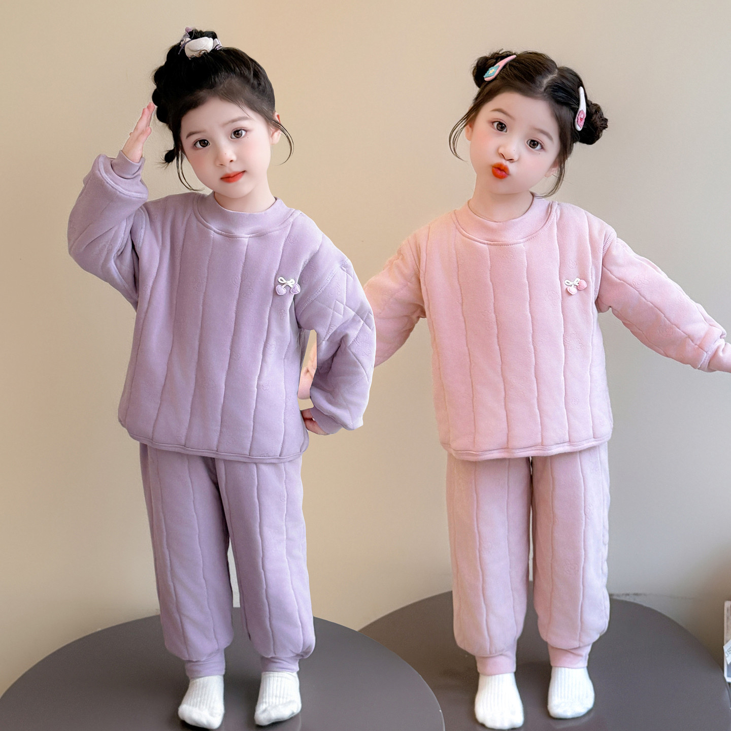 儿童睡衣防着秋冬季2025加绒套装女童冬季圆领三层夹棉保暖家居服