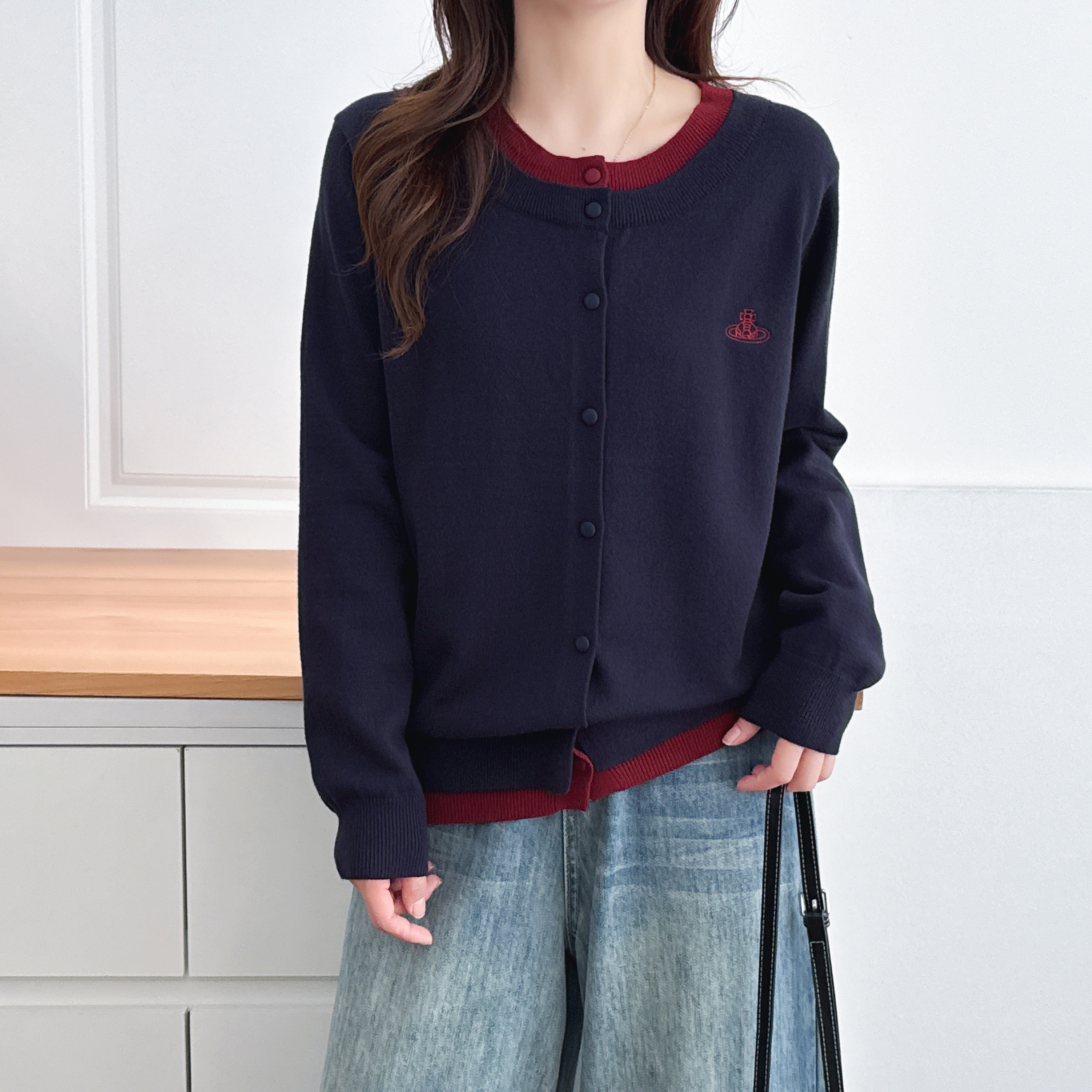 大码胖mm圆领撞色针织开衫毛衣假两件秋冬外套针织衫宽松内搭上衣