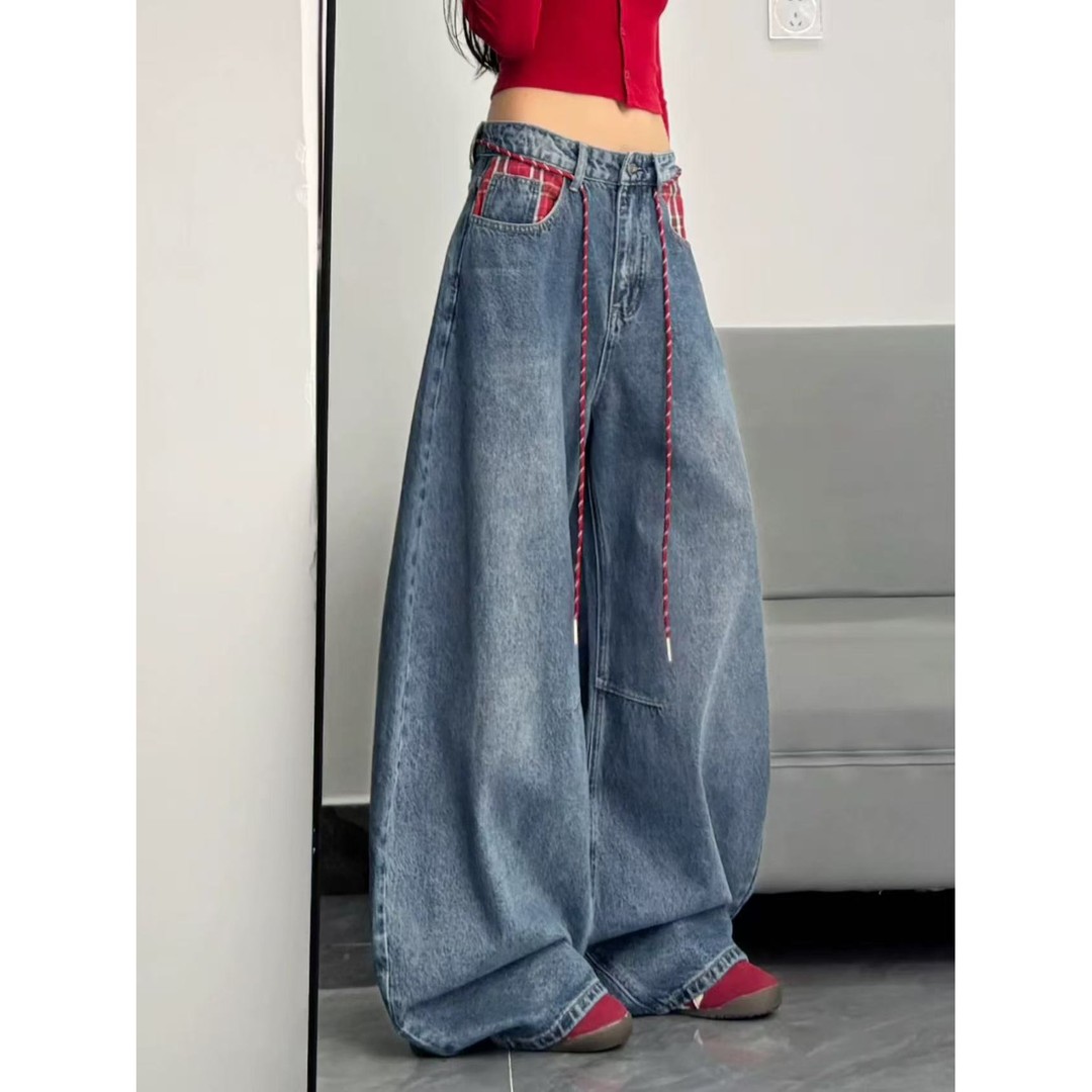 格子拼接蓝色阔腿牛仔裤男2025秋季新款复古小众设计感宽松拖地裤