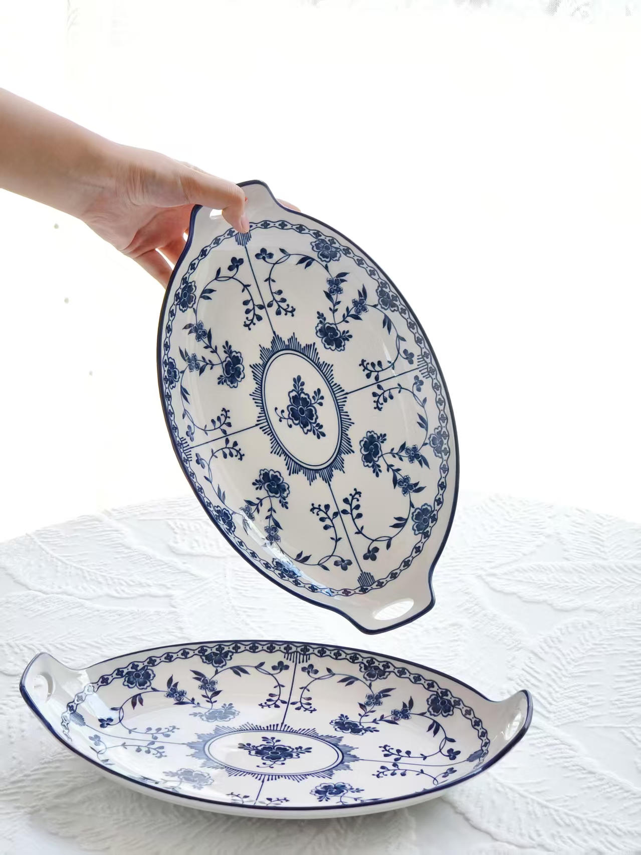 瓷县令13英寸跹枝双耳鱼盘家用釉下彩陶瓷菜盘高级感青花国风陶瓷