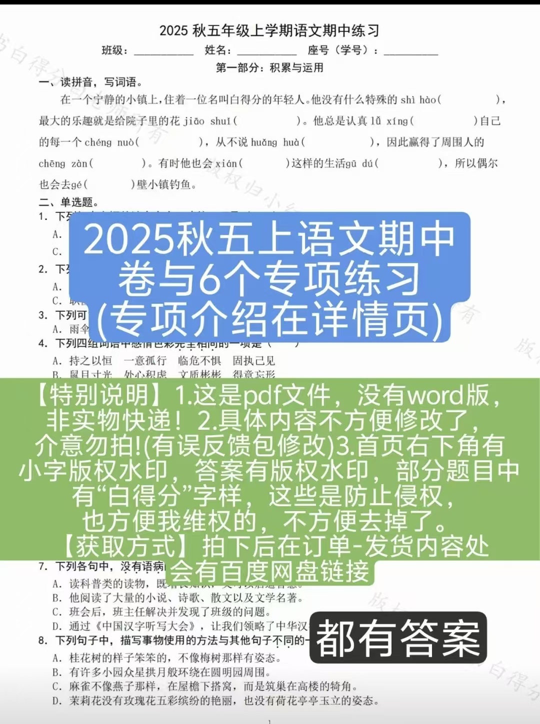 （pdf电子）五上语文期中卷与专项练习，白得分老师原创拍下私聊