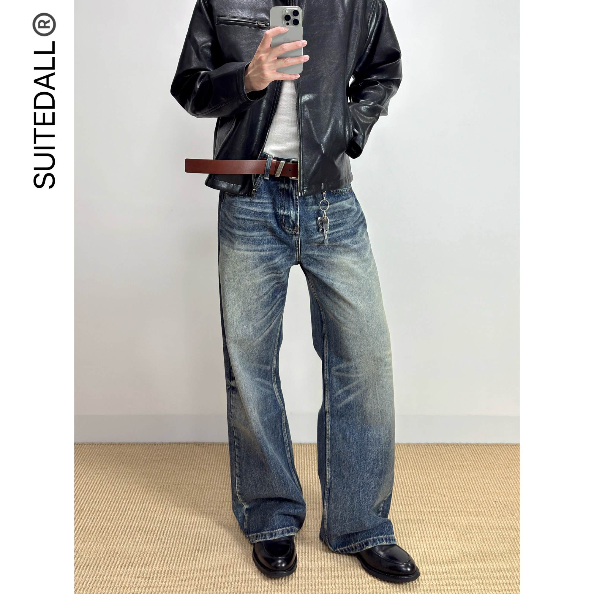 SUITEDALL深海蓝A字宽松直筒牛仔裤14oz立体猫须蜂窝百搭通勤长裤