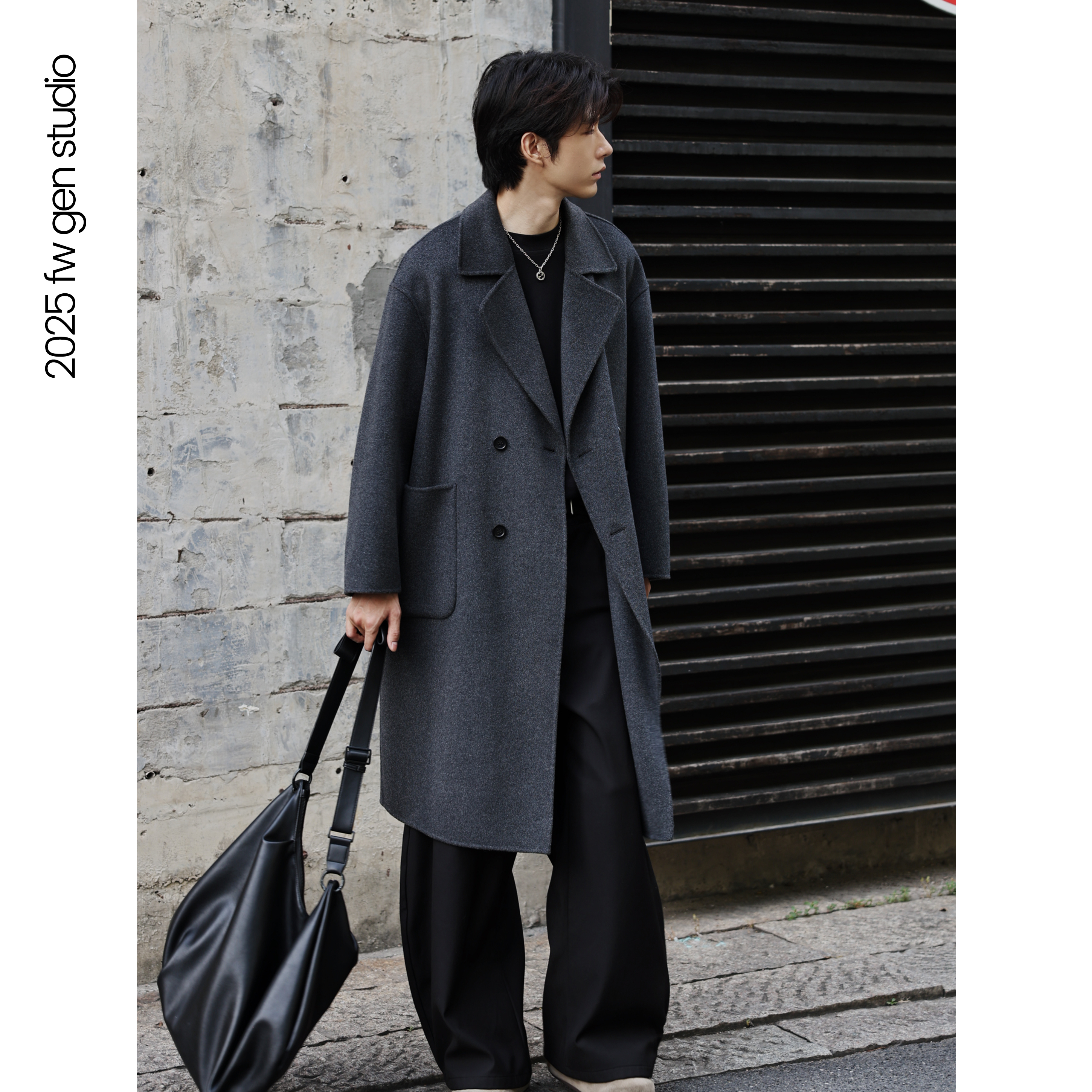 GEN【山羊绒】冬季痞帅慵懒风男士双面绵羊毛大衣男款冬季N95663