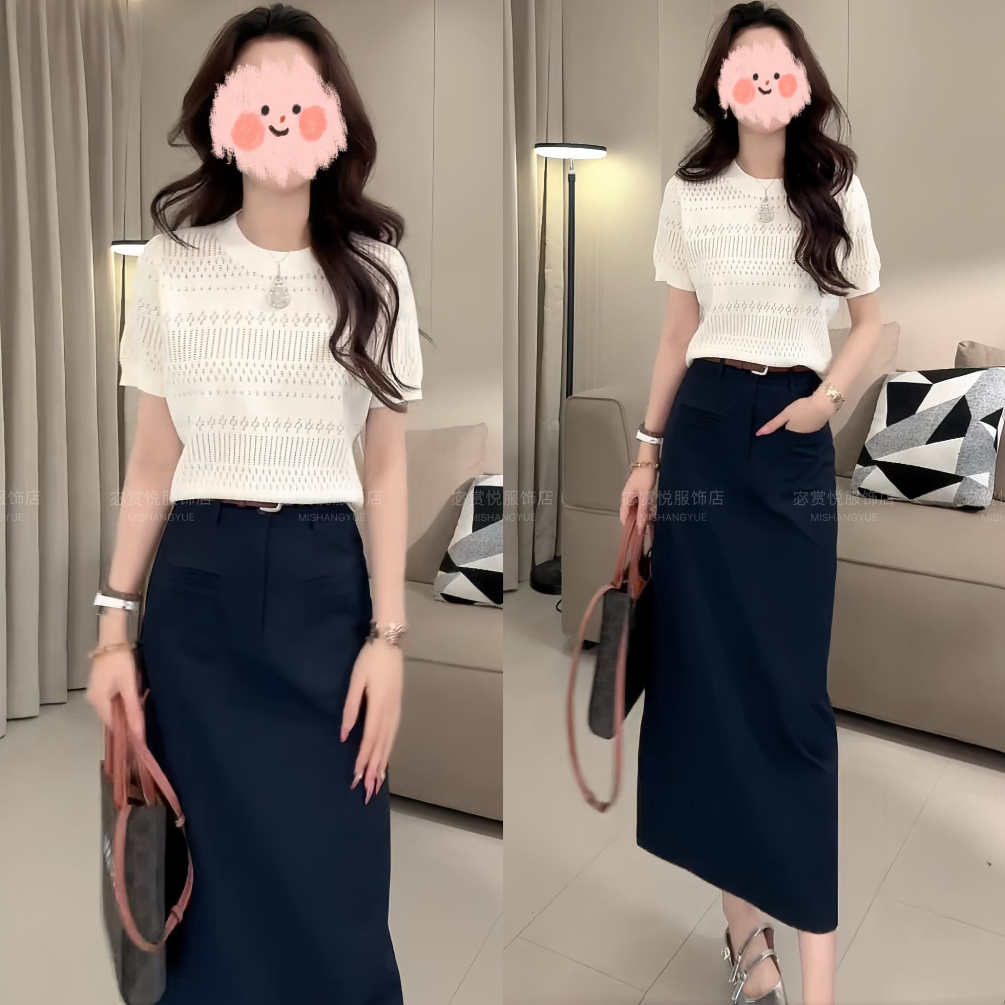 洋气休闲装2025夏季镂空针织短袖上衣修身百搭半身裙显瘦气质套装