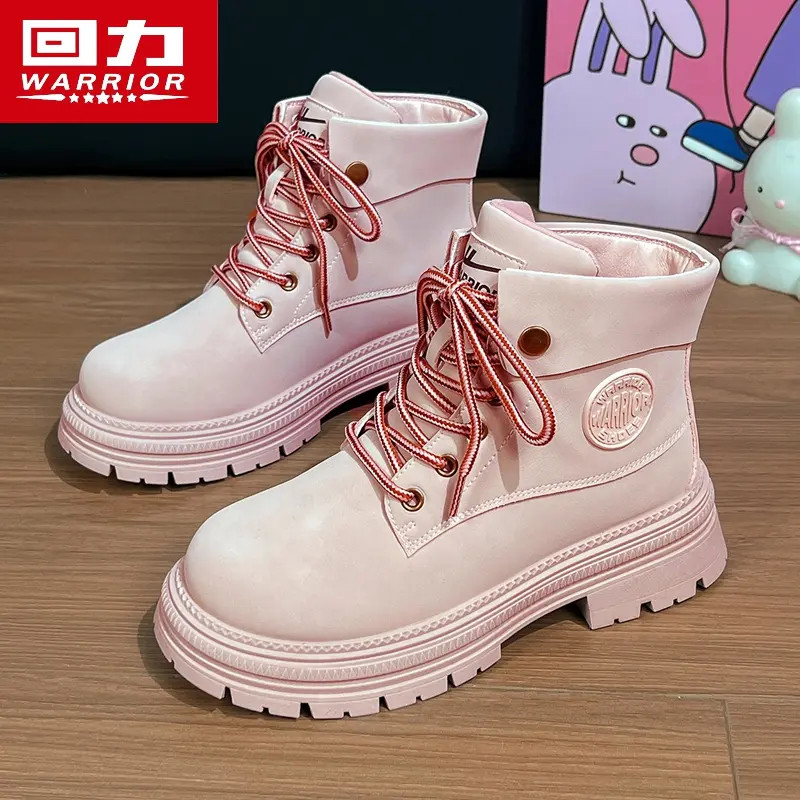 回力粉色2025新款小个子马丁靴子女高帮秋季爆款中筒增高工装靴潮