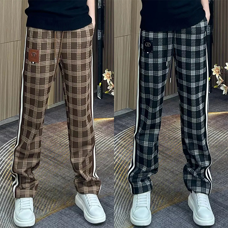 秋冬新款休闲裤男士潮流百搭格子运动织带直筒裤子欧货宽松阔腿裤