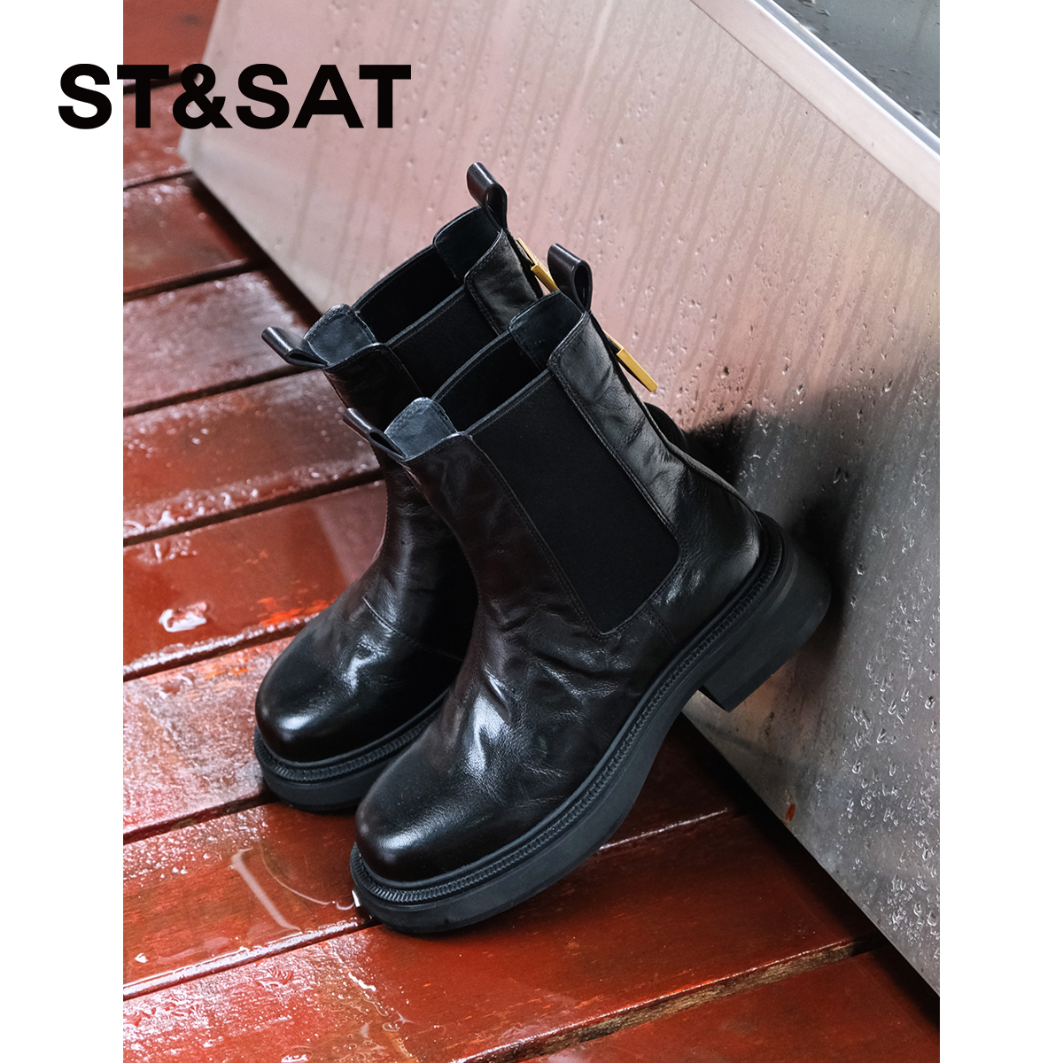 【复古拼接】星期六羊皮短靴百搭秋冬弹力袜靴厚底马丁靴SSC4116B4H