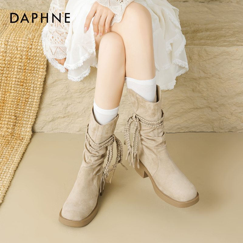 达芙妮不过膝长流苏长靴女2025冬新款骑士靴复古美拉德堆堆高筒靴