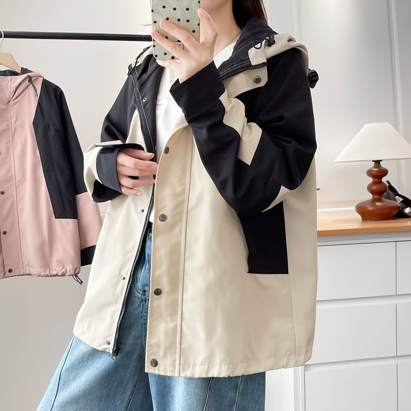 时尚大码女装新款女休闲连衣拼色风衣外套有加棉的透气舒适冲锋衣