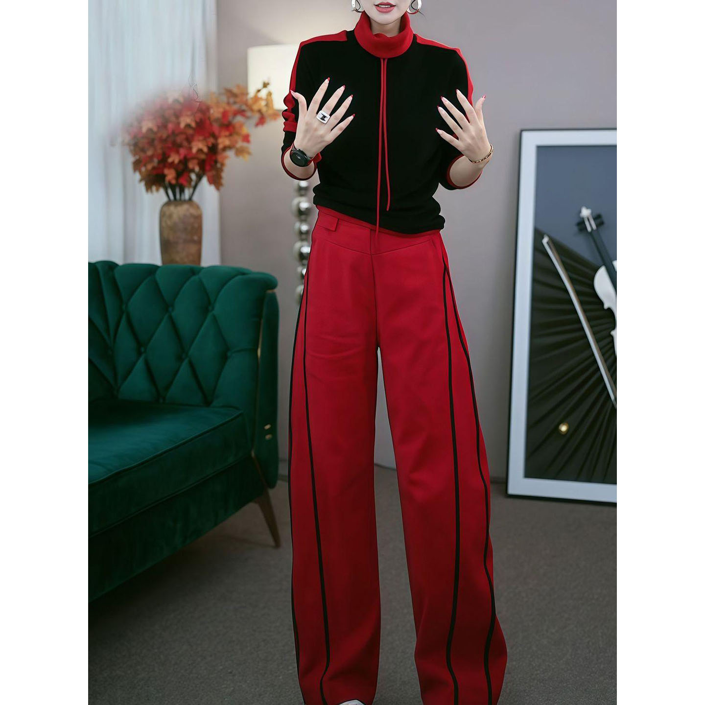 时尚套装女通勤宽松休闲撞色高领拼色设计感长袖上衣阔腿裤两件套