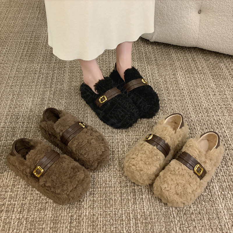 两穿毛毛鞋女2025年新款冬季厚底增高皮带扣加绒保暖一脚蹬棉鞋