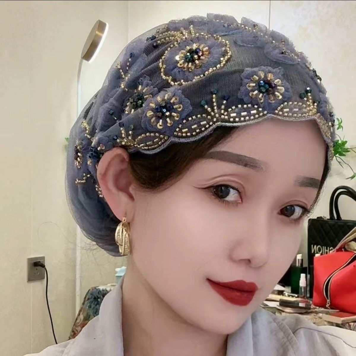 新款重工串珠刺绣回族蕾丝流苏鱼尾包头帽时尚洋气高档手工头巾帽
