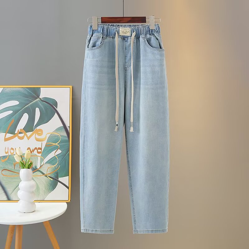 胖妹妹显瘦遮肉牛仔裤女2025春季新款大码贴标松紧腰宽松阔腿长裤
