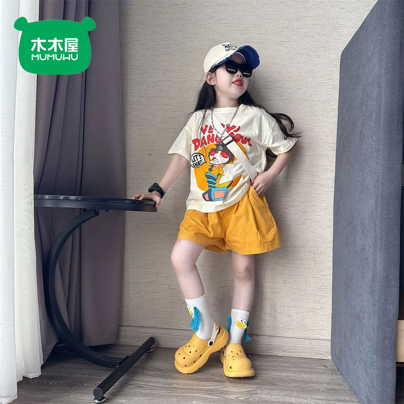 木木屋女童套装新款洋气宝宝休闲短裤两件套夏季儿童卡通短袖衣服