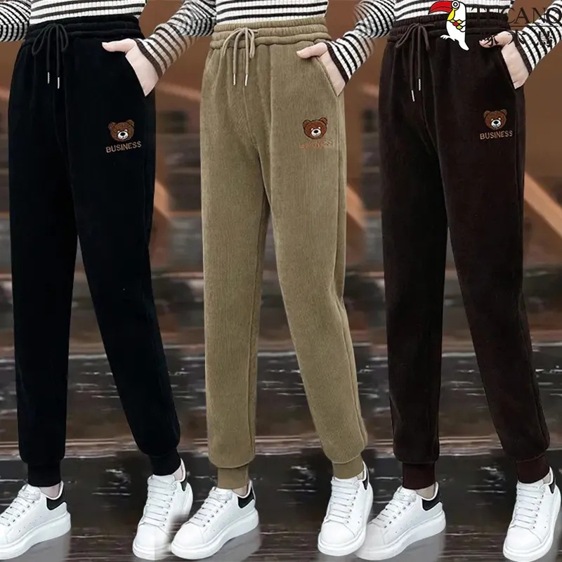 加绒卫裤女2025秋冬高腰束脚裤显瘦小熊新款女款加绒入冬漂亮衣服