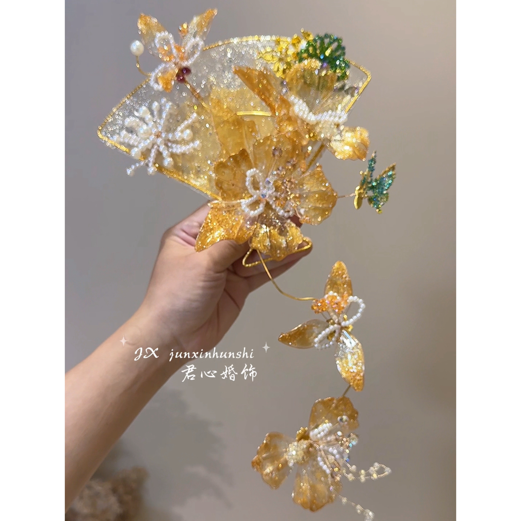 君心家 k3金色花朵长藤团扇新娘秀禾中式囍扇新娘饰品