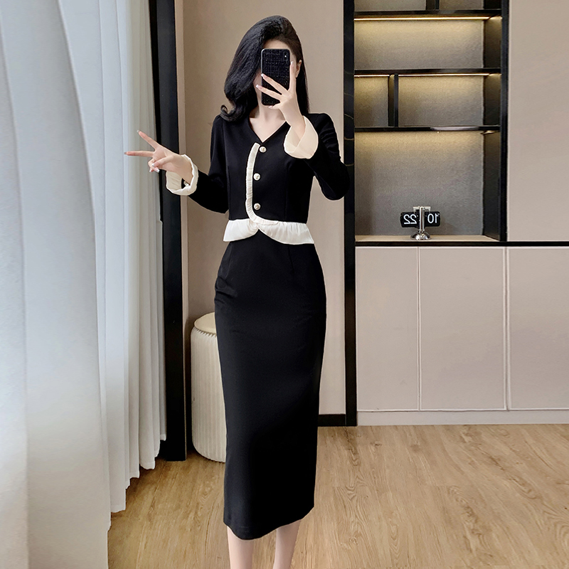 千金小香风连衣裙子2025年新款女早秋季小个子高级感黑色长裙套装
